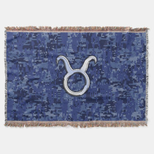 Taurus Zodiac Sign on Navy Blue Digital Camouflage Throw Blanket