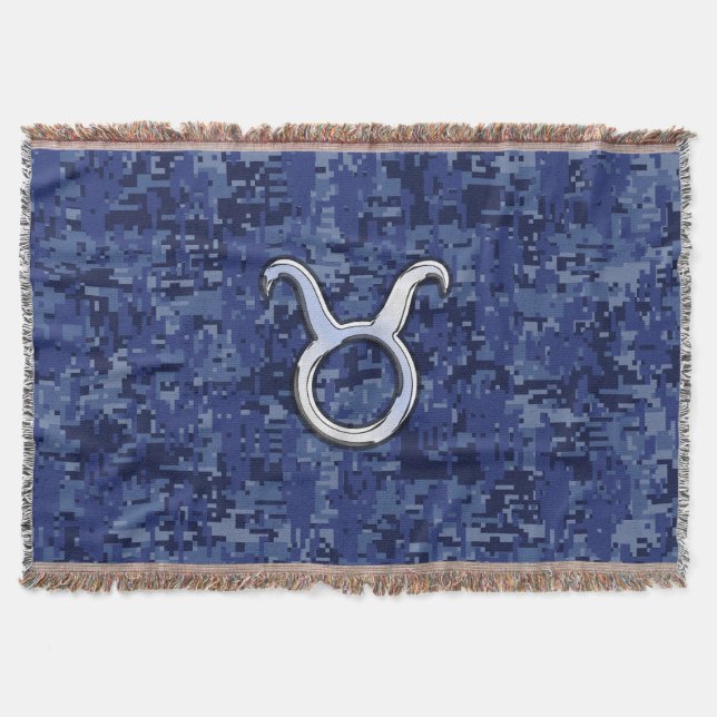 Taurus Zodiac Sign on Navy Blue Digital Camouflage Throw Blanket (Front)