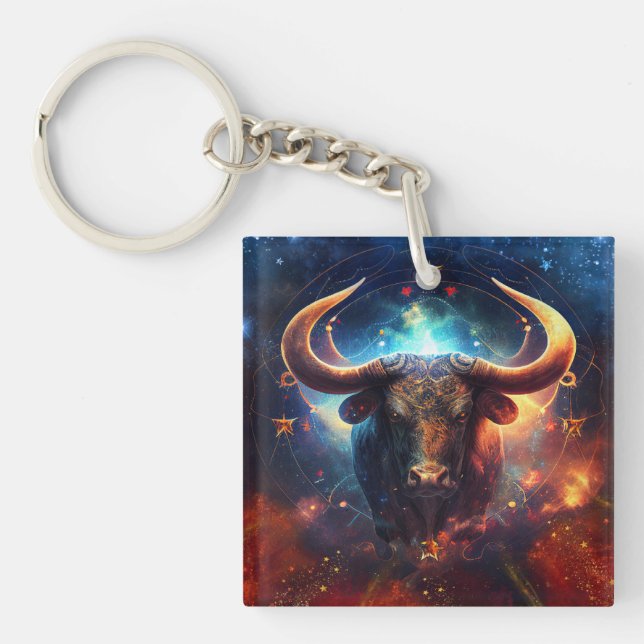 Taurus Zodiac Sign Watercolor Design Key Ring (Front)