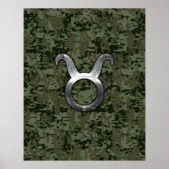 Taurus Zodiac Symbol on Green Digital Camo Poster (Front)