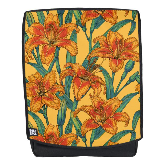 Tawny daylily flowers, blue and yellow backpack (Front)