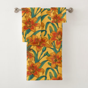 Tawny daylily flowers, blue and yellow bath towel set