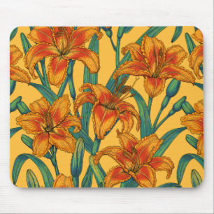 Tawny daylily flowers, blue and yellow mouse pad