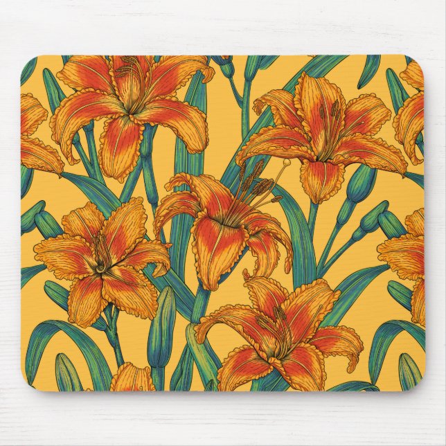 Tawny daylily flowers, blue and yellow mouse pad (Front)
