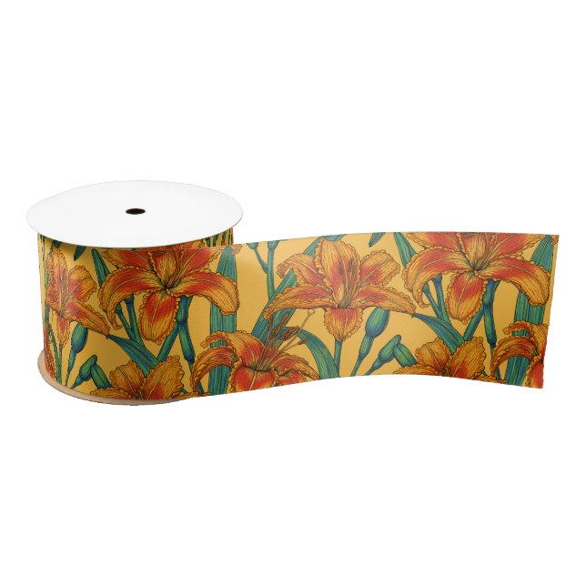 Tawny daylily flowers, blue and yellow satin ribbon (Spool)