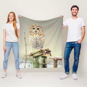 Tawny Owl in the Snow bird fine art watercolor Fleece Blanket