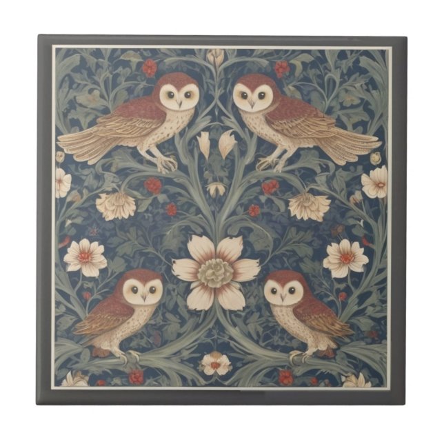 Tawny Owl Pattern William Morris style Owls Tile (Front)