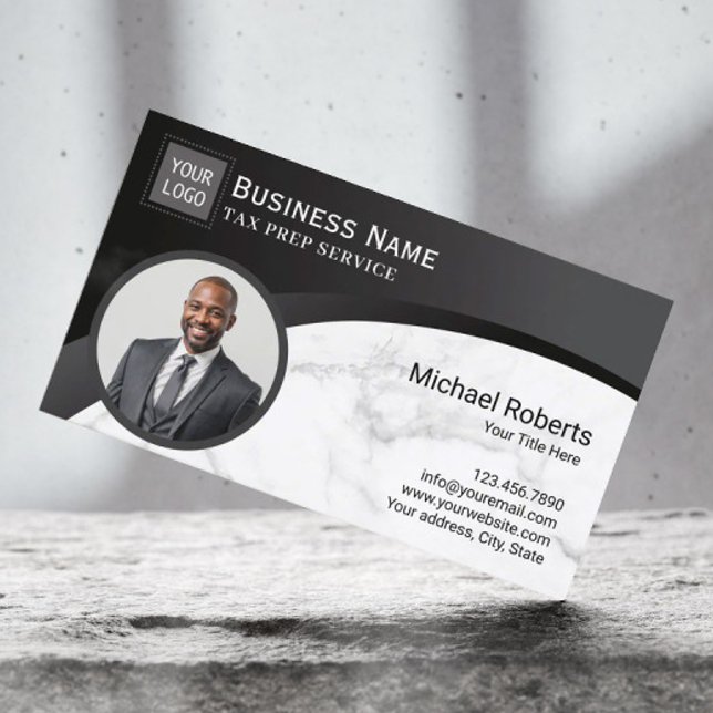 Tax Preparer Accountant Black & Marble Photo Business Card (Creator Uploaded)