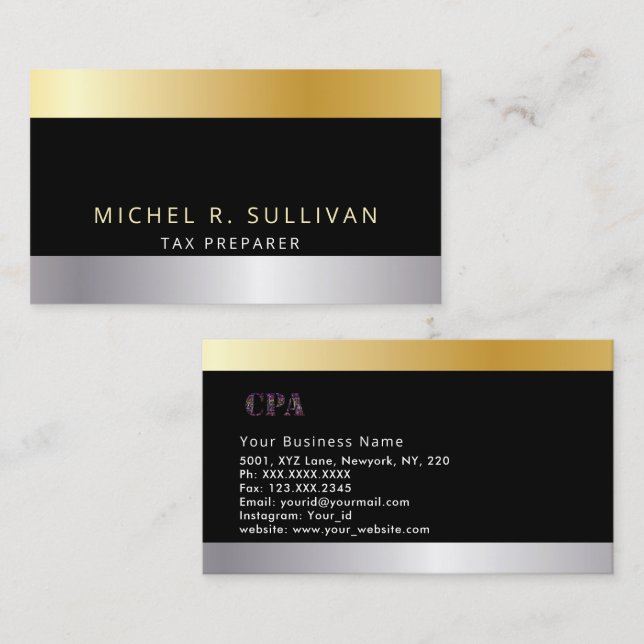 Tax Preparer Elegant Gold silver Black    Business Card (Front/Back)