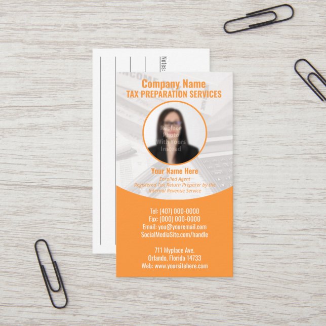 Tax Preparing (Preparer) Photo Business Card (Front/Back In Situ)