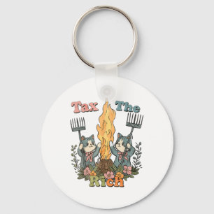 Tax The Rich Funny Cats Floral Feminist Key Ring