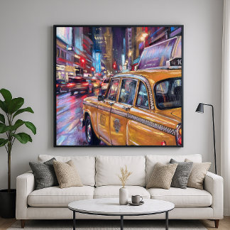 Taxi Cab Night City - Impressionistic Style Art Poster
