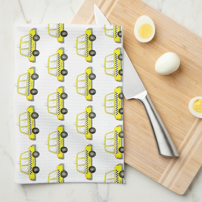 Taxi NYC Yellow New York City Chequered Cab Car Tea Towel (Quarter Fold)