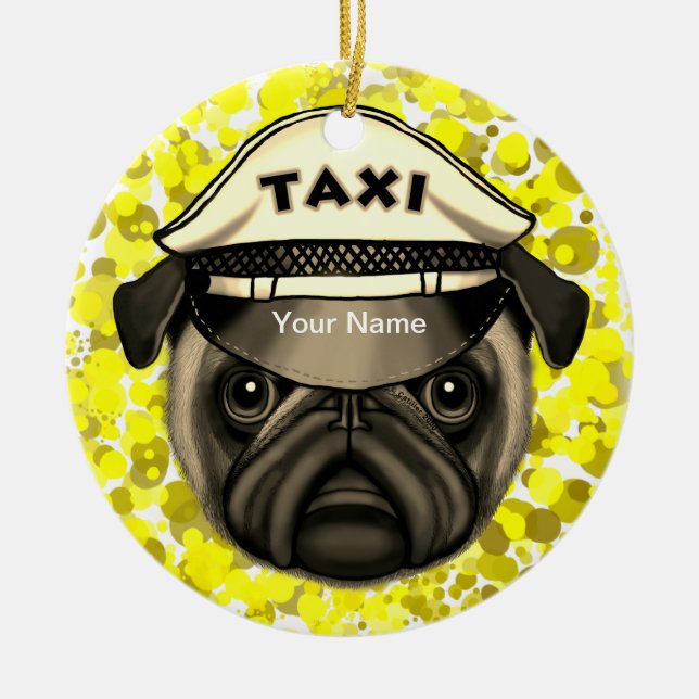 Taxi Pug  Ceramic Tree Decoration (Front)