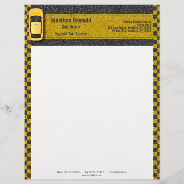 Taxi Yellow Business Cab Driver Service Custom Letterhead (Front)