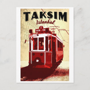 Taxim, red tram, Istanbul, Turkey, vintage travel Postcard