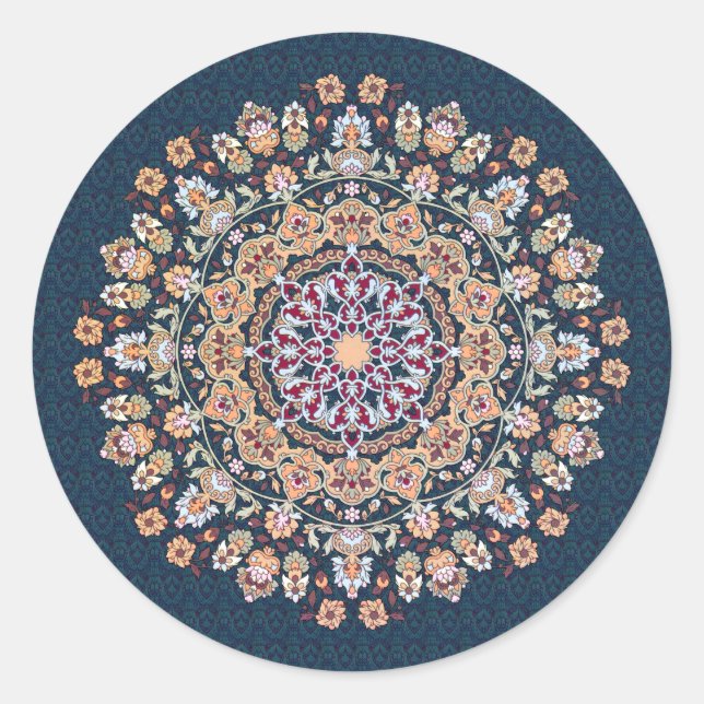 Tazhib decorado del arte persa fondo damasco azul classic round sticker (Front)