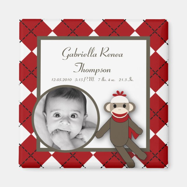 {TBA} 2"x2" Red Sock Monkey Announcement Magnet (Front)