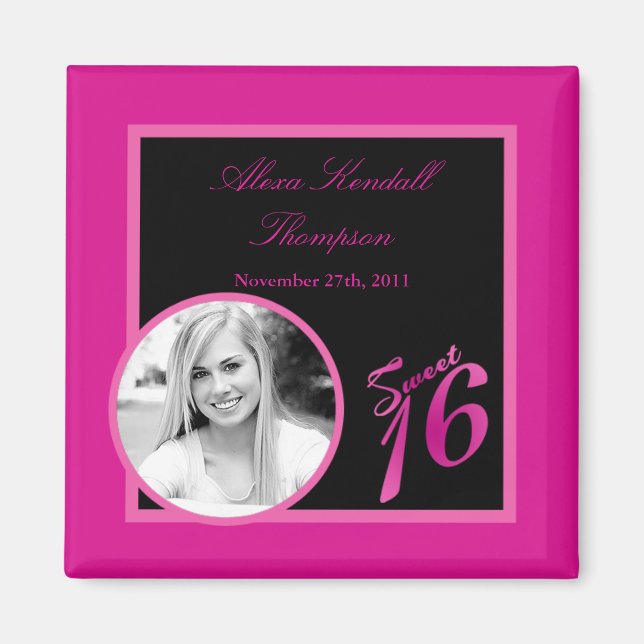 {TBA} 2"x2" Sweet 16 Hot Pink  Announcement Magnet (Front)