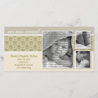 {TBA} 8x4 Taupe Baroque 3-Photo Birth Announcement