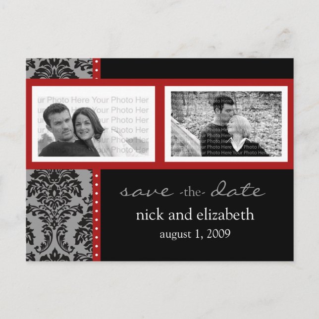 {TBA} Baroque Black Red Two-Photo Save the Date Announcement Postcard (Front)
