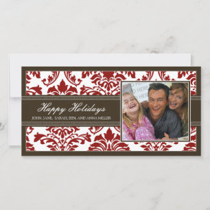{TBA} Elegant Brown & Red Damask Happy Holidays Holiday Card