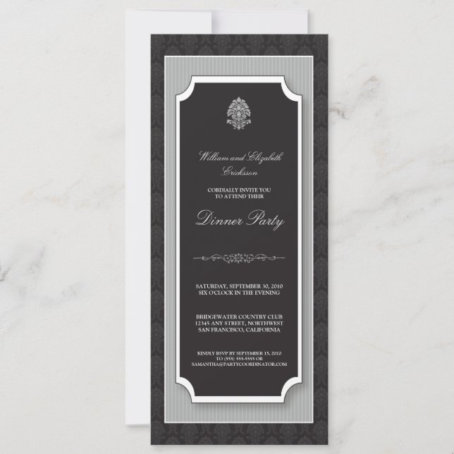 {TBA} Elegant Damask Dinner Party Invite (silver) (Front)