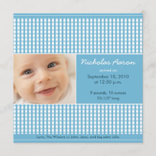 {TBA} Precious Gingham (blue) Birth Announcement