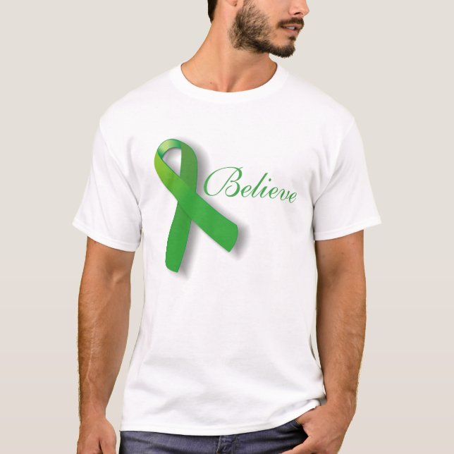 TBI Traumatic Brain Injury Believe Green Ribbon T-Shirt (Front)