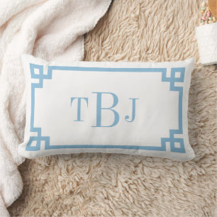 TBJ Sky Blue Greek Key Monogram Lumbar Cushion