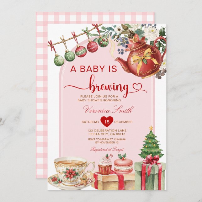 Tea A Baby is Brewing Christmas Bow Baby Shower Invitation (Front/Back)