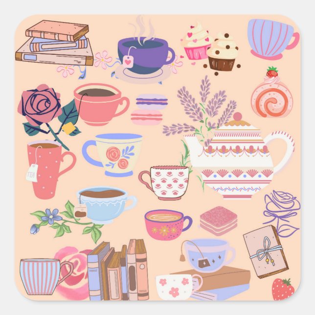 Tea And Books Square Sticker (Front)