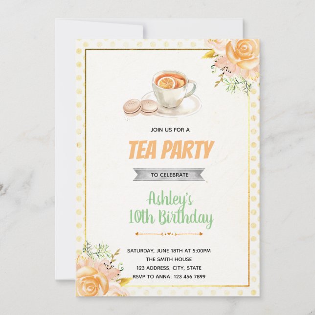 Tea and macaron shower birthday invitation (Front)