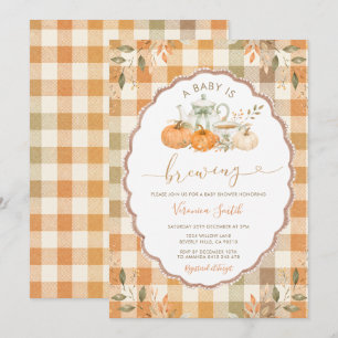 Tea Baby Is Brewing Baby Shower Pumpkin Gingham Invitation