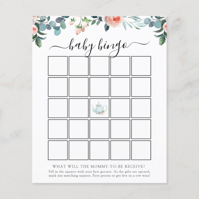 Tea Baby Shower Bingo Game Card (Front)