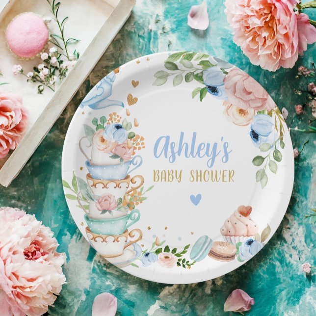 Tea Baby Shower Blue Flower Girl Baby is Brewing Paper Plate (Creator Uploaded)