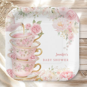 Tea Baby Shower Girl Tea Party Bloom Floral Pink Paper Plate
