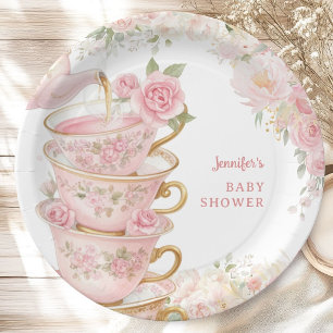 Tea Baby Shower Girl Tea Party Bloom Floral Pink Paper Plate