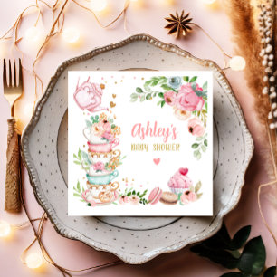 Tea Baby Shower Pink Flower Girl Baby is Brewing Napkin