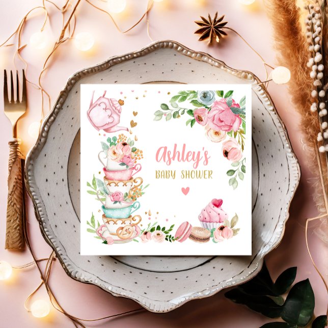 Tea Baby Shower Pink Flower Girl Baby is Brewing Napkin (Creator Uploaded)