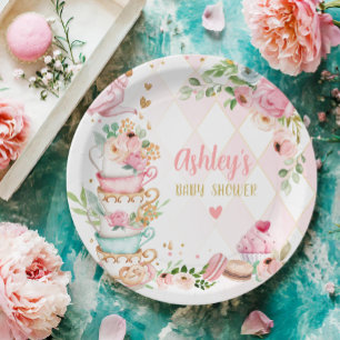 Tea Baby Shower Pink Flower Girl Baby is Brewing Paper Plate