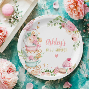 Tea Baby Shower Pink Flower Girl Baby is Brewing Paper Plate