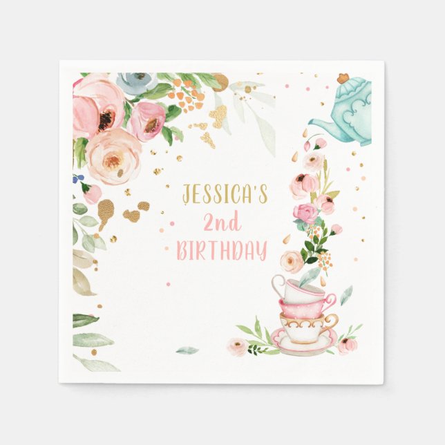 Tea Birthday Party Floral Tea Pink Gold Girl Napkin (Front)