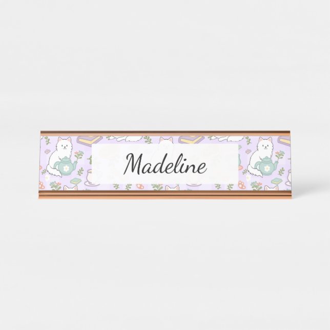 Tea & Bookish Cats Personalized Desk Name Plate (Front)