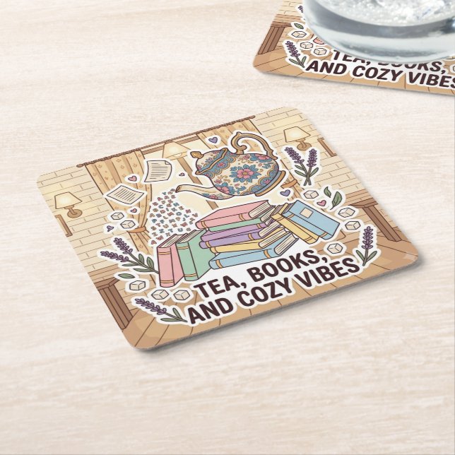Tea, Books, and Cosy Vibes Square Paper Coaster (Angled)