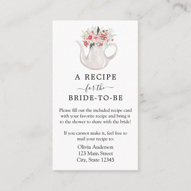 Tea Bridal Shower Recipe Request  Enclosure Card (Front)