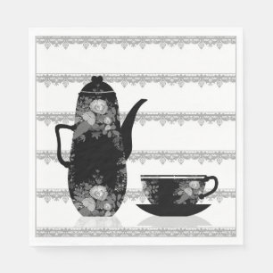 Tea coffee pot cup black white illustration retro napkin
