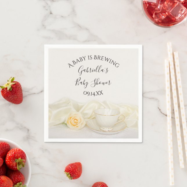 Tea Cup and White Rose Baby is Brewing Shower Napkin (Insitu)