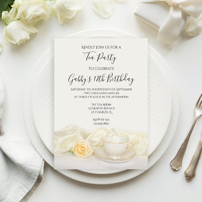 Tea Cup and White Rose Birthday Party Invitation (Creator Uploaded)
