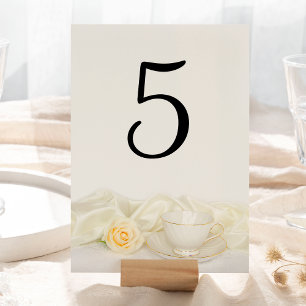Tea Cup and White Rose Wedding Table Number